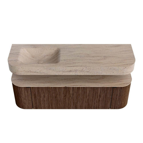 MONDIAZ THOR-DLUX 150cm meuble de salle de bains arrondi gauche + droite couleur Walnut avec 1 tiroir et 2 portes. Vasque suspendue CLOUD Gauche sans trou de robinet couleur Saba. SW1464873