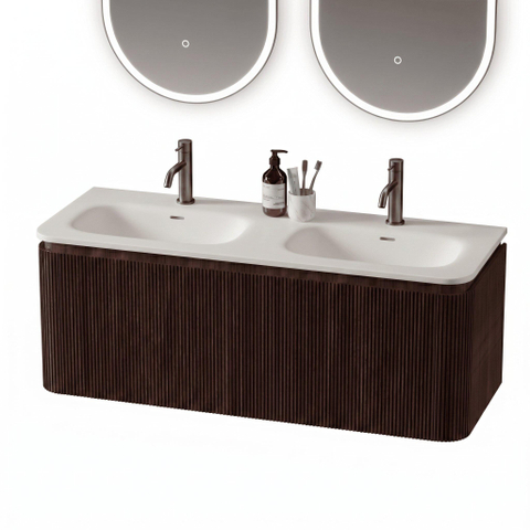 Royal Plaza Terra Edge Ensemble meuble de salle de bains - 120x44.7x46cm - vasque en solid surface blanc mat - 2 vasques - 2 trous de robinet - 2 tiroirs - châtaignier (noyer) SW1471917