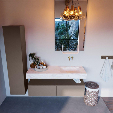 Mondiaz ALAN-DLUX Ensemble de meuble - 130cm - meuble Smoke mat - 2 tiroirs - Lavabo Cloud Ostra suspendu - vasque Droite - 0 trous de robinet SW807331