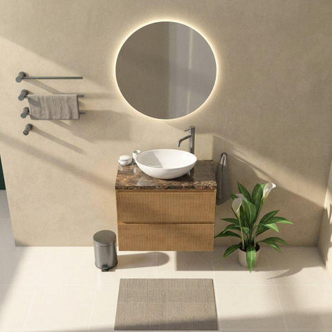 Saniclass Holz Atelier Badkamermeubelset - 80x45x63cm - Noche natuurstenen topblad dark emperador - 1 kraangat - 2 lades - mat eiken natural (hout) SW1478275