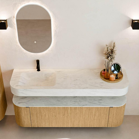 MONDIAZ THOR-DLUX 160cm badmeubel ronding links + rechts kleur Oak met 1 lade en 2 deuren. Vrijhangende wastafel CLOUD Links 1 kraangat kleur Opalo. SW1464986