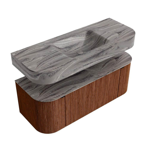 MONDIAZ THOR-DLUX 120cm meuble de salle de bains arrondi gauche + droite couleur Ruby avec 1 tiroir et 2 portes. Vasque suspendue CLOUD Milieu 1 trou de robinet couleur Sombra. SW1463676