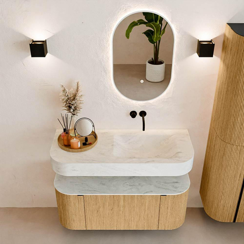 MONDIAZ THOR-DLUX 110cm meuble de salle de bains arrondi gauche + droite couleur Oak avec 1 tiroir et 2 portes. Vasque suspendue CLOUD droite sans trou de robinet couleur Opalo. SW1462758