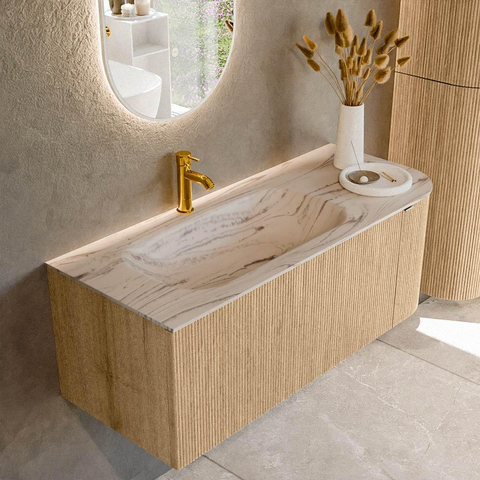 MONDIAZ KURVE-DLUX 115cm badmeubel ronding Rechts kleur Oak met 1 lade en 1 deur. Wastafel BIG SMALL Links 1 kraangat Nata. SW1432095