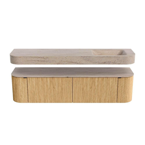 MONDIAZ THOR-DLUX 180cm badmeubel ronding links + rechts kleur Oak met 2 lades en 2 deuren. Vrijhangende wastafel CLOUD Rechts zonder kraangat kleur Saba. SW1466307