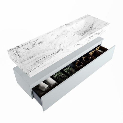 Mondiaz ALAN-DLUX Ensemble de meuble - 150cm - meuble Clay mat - 1 tiroir - Lavabo Cloud Glace suspendu - vasque Droite - 0 trous de robinet SW806206