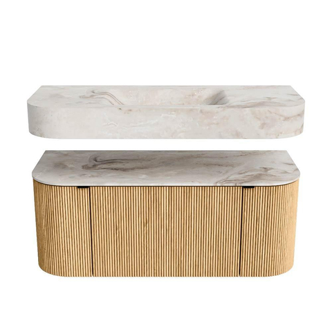 MONDIAZ THOR-DLUX 110cm badmeubel ronding links + rechts kleur Oak met 1 lade en 2 deuren. Vrijhangende wastafel CLOUD Midden 1 kraangat kleur Frappe. SW1462735
