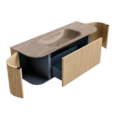 MONDIAZ KURVE-DLUX Meuble de salle de bains 130cm arrondi Gauche + Droite couleur Oak avec 1 tiroir et 2 portes. Lavabo BIG SMALL Central 1 trou de robinet Saba. SW1433069