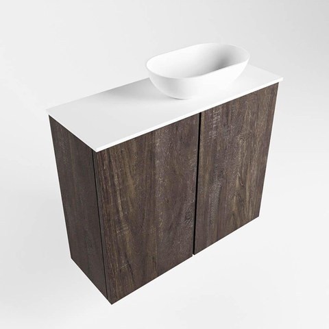 Mondiaz Fowy Meuble de toilette - 60x50x23cm - marron foncé mat - 1 trou de robinet - lavabo à droite - 2 portes - solid surface - plan Mélamine - lavabo : blanc SW761355