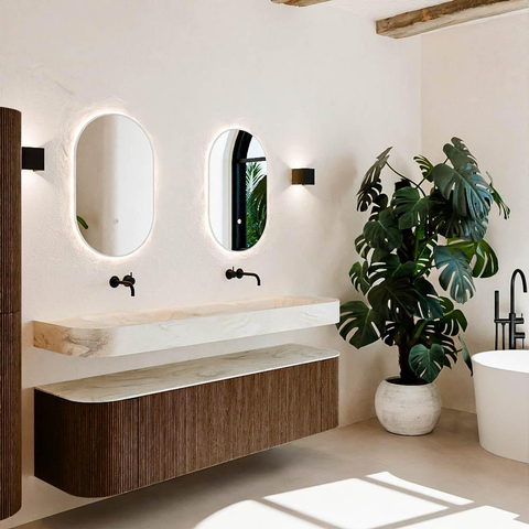 MONDIAZ THOR-DLUX 170cm meuble de salle de bains arrondi gauche + droite couleur Walnut avec 1 tiroir et 2 portes. Vasque suspendue CLOUD Double sans trou de robinet couleur Ostra. SW1465591