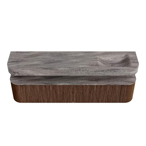 MONDIAZ THOR-DLUX 200cm meuble de salle de bains arrondi gauche + droite couleur Walnut avec 2 tiroirs et 2 portes. Vasque suspendue CLOUD Droite sans trou de robinet couleur Oza. SW1467718