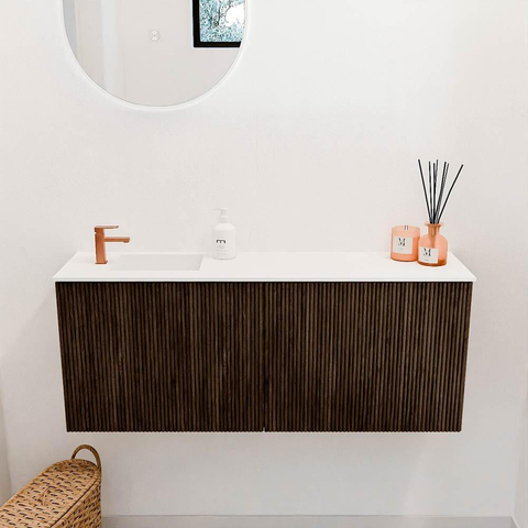 Mondiaz JOYA 100cm toiletmeubel - kleur Walnut - Wastafel FAYE positie Links 1 kraangat kleur Talc. SW1421280