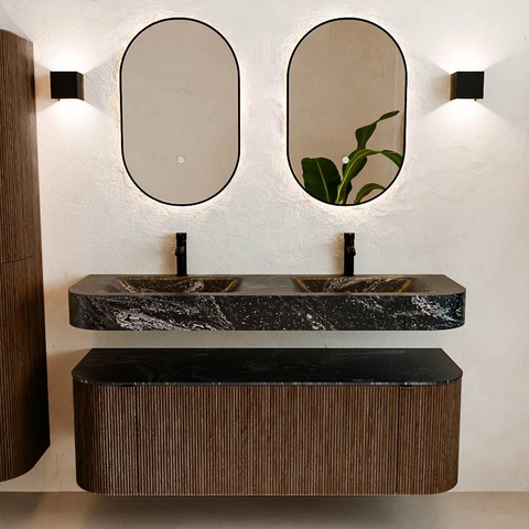 MONDIAZ THOR-DLUX Meuble de salle de bains 140cm arrondi gauche + droite couleur Walnut avec 1 tiroir et 2 portes. Vasque suspendue CLOUD Double 2 trous de robinet couleur Lava. SW1463964