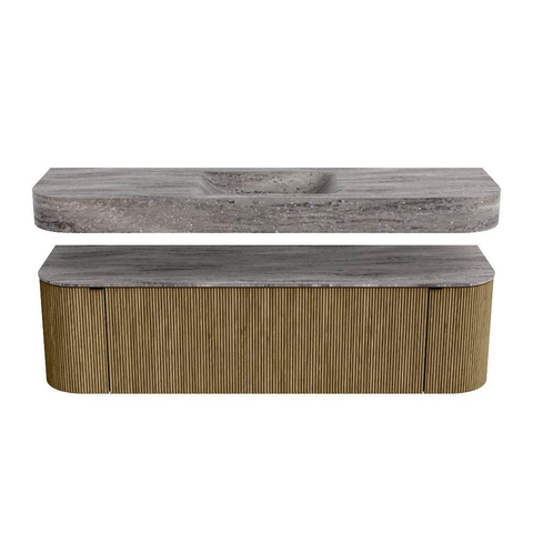 MONDIAZ THOR-DLUX 160cm meuble de salle de bains arrondi gauche + droite couleur Dusk avec 1 tiroir et 2 portes. Vasque suspendue CLOUD Milieu sans trou de robinet couleur Oza. SW1465316