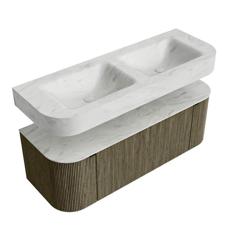 MONDIAZ THOR-DLUX 130cm meuble de salle de bains arrondi gauche + droite couleur Shadow avec 1 tiroir et 2 portes. Vasque suspendue CLOUD Double sans trou de robinet couleur Opalo. SW1463773