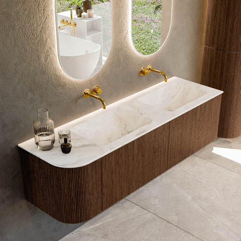 MONDIAZ KURVE-DLUX meuble de salle de bains 155cm avec module 25 L couleur Walnut avec 2 tiroirs et 1 porte. Lavabo LEAF double / à droite sans trou de robinet couleur Frappe. SW1137480