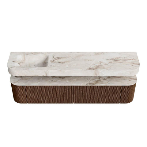 MONDIAZ THOR-DLUX 200cm badmeubel ronding links + rechts kleur Walnut met 2 lades en 2 deuren. Vrijhangende wastafel CLOUD Links zonder kraangat kleur Frappe. SW1466969