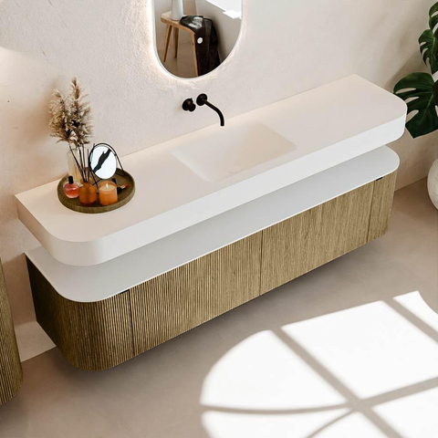 MONDIAZ THOR 190cm meuble de salle de bains arrondi gauche + droite couleur Dusk avec 2 tiroirs et 2 portes. Vasque suspendue CLOUD Milieu sans trou de robinet couleur Talc. SW1466462