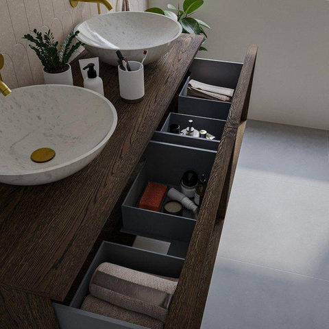Saniclass Holz Frame Meuble de salle de bain - 140x45x40cm - lavabo en céramique blanc - 2 vasques - sans trous de robinet - 2 tiroirs - Charcoal SW1437759