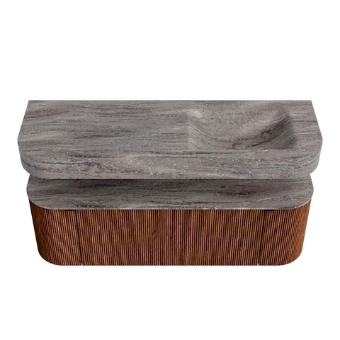MONDIAZ THOR-DLUX 140cm meuble de salle de bains arrondi gauche + droite couleur Ruby avec 1 tiroir et 2 portes. Vasque suspendue CLOUD Droite 1 trou de robinet couleur Oza. SW1464297