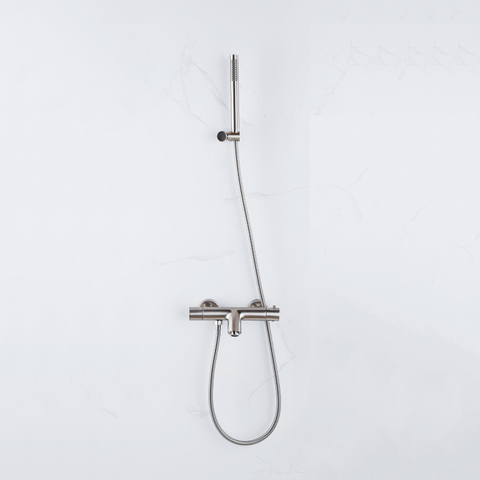 Fortifura Calvi Thermostatische badkraan - met staafhanddouche handdouchehouder en - metalen doucheslang - PVD - geborsteld RVS SW811968