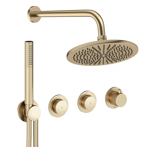 Crosswater MODULE Regendoucheset inbouw - 3 hendels - 30cm douchekop - handdouche - wandarm - geborsteld messing (goud) SW1472450