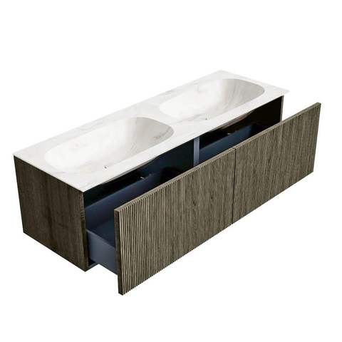 Mondiaz KURVE-DLUX Badkamermeubelset - 140x46x40cm - 2 lade - wastafel solid surface - dubbel - 2 kraangaten - Shadow SW1414505