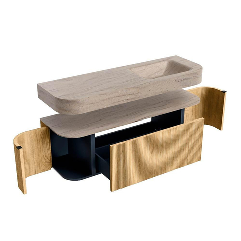 MONDIAZ THOR-DLUX 140cm badmeubel ronding links + rechts kleur Oak met 1 lade en 2 deuren. Vrijhangende wastafel CLOUD Rechts zonder kraangat kleur Saba. SW1464328