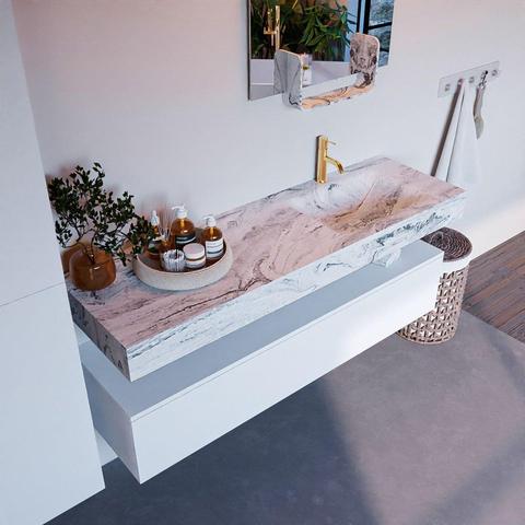 Mondiaz ALAN-DLUX Ensemble de meuble - 150cm - meuble Talc mat - 1 tiroir - Lavabo Cloud Glace suspendu - vasque Droite - 1 trou de robinet SW805119