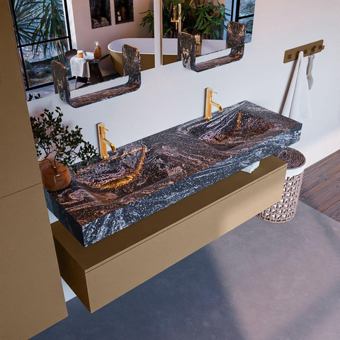 Mondiaz ALAN-DLUX Ensemble de meuble - 150cm - meuble Oro mat - 1 tiroir - Lavabo Cloud Lava suspendu - vasque Gauche et droite - 2 trous de robinet SW808518