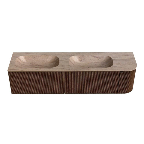 MONDIAZ KURVE-DLUX 175cm badmeubel ronding Rechts kleur Walnut met 2 lades en 1 deur. Wastafel STOR SMALL Dubbel / Links 2 kraangaten Saba. SW1433230