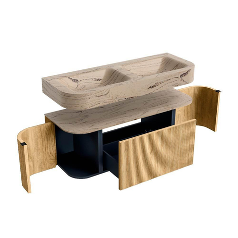 MONDIAZ THOR-DLUX 120cm meuble de salle de bains arrondi gauche + droite couleur Chêne avec 1 tiroir et 2 portes. Vasque suspendue CLOUD Double sans trou de robinet couleur Arena. SW1463387