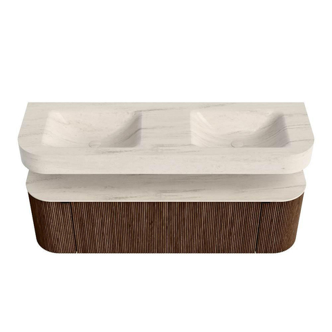 MONDIAZ THOR-DLUX 150cm meuble de salle de bains arrondi gauche + droite couleur Walnut avec 1 tiroir et 2 portes. Vasque suspendue CLOUD Double sans trou de robinet couleur Meli. SW1464755
