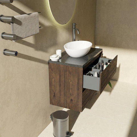 Saniclass Holz Pure Ensemble de meuble de salle de bains - 80x45x63cm - Plan vasque en basalte Noche poli (noir) - 1 trou de robinet - 2 tiroirs - chêne charcoal mat (bois) SW1478553