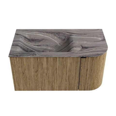MONDIAZ KURVE-DLUX Meuble de salle de bains 85cm arrondi Droite couleur Dusk avec 1 tiroir et 1 porte. Lavabo CLOUD Gauche sans trou de robinet Sombra. SW1433827