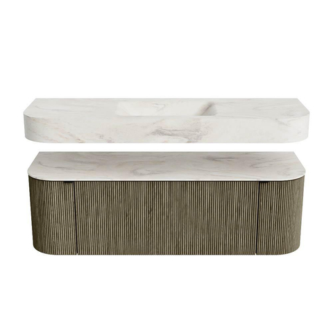 MONDIAZ THOR-DLUX Meuble de salle de bains 140cm arrondi gauche + droite couleur Shadow avec 1 tiroir et 2 portes. Vasque suspendue CLOUD Milieu sans trou de robinet couleur Ostra. SW1464478