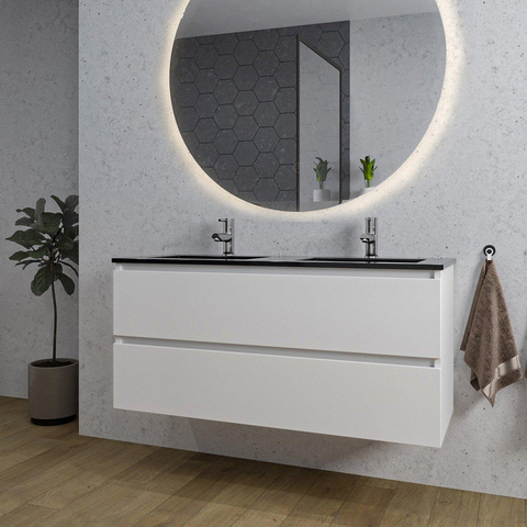 Saniclass Chaci Meuble de salle de bain - 120x46x55cm - lavabo en céramique noir - 2 vasques - 2 trous de robinet - 2 tiroirs - ronde miroir avec éclairage - blanc mat SW816499