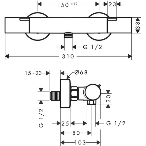 Hansgrohe Ecostat fine Douchekraan - thermostatisch - zonder omstel HOH=15cm - thermostaat - hoogglans chroom (wit) SW1152220