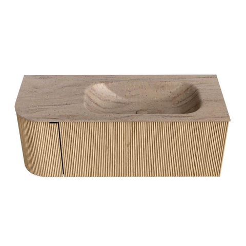 MONDIAZ KURVE-DLUX Meuble de salle de bains 115 cm arrondi à gauche couleur Chêne avec 1 tiroir et 1 porte. Lavabo BIG SMALL à droite sans trou de robinet Saba. SW1434045