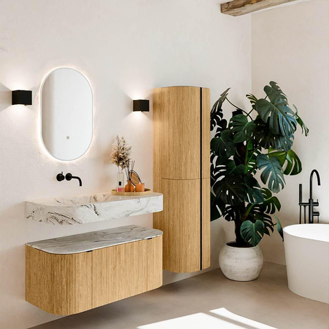 MONDIAZ THOR-DLUX 100cm badmeubel ronding links + rechts kleur Oak met 1 lade en 2 deuren. Vrijhangende wastafel CLOUD Links zonder kraangat kleur Glace. SW1467301