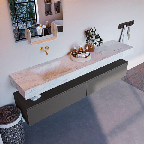 Mondiaz ALAN-DLUX Ensemble de meuble - 200cm - meuble Dark grey mat - 2 tiroirs - Lavabo Cloud Opalo suspendu - vasque Gauche - 0 trous de robinet SW806430