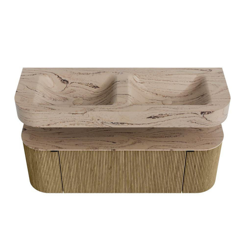 MONDIAZ THOR-DLUX 130cm meuble de salle de bains arrondi gauche + droite couleur Dusk avec 1 tiroir et 2 portes. Vasque suspendue CLOUD Double sans trou de robinet couleur Arena. SW1463776