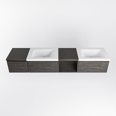 MONDIAZ BUKLA 200cm ensemble de meuble avec module ouvert 40 à droite couleur Marron Foncé avec 3 tiroirs. Lavabo CLOUD double 2 trous de robinet couleur Talc. SW1382132