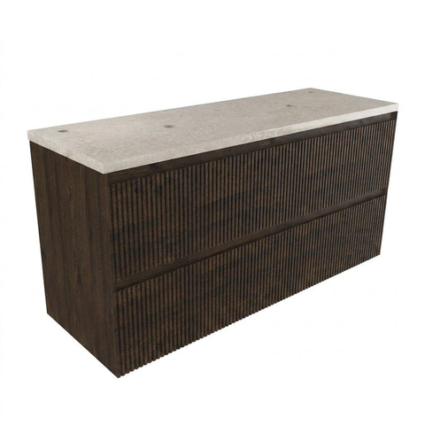 Saniclass Holz Atelier Badkamermeubelset - 140x45x63cm - Travertine natuurstenen topblad - 2 kraangaten - 4 lades - mat eiken charcoal (hout) SW1478896