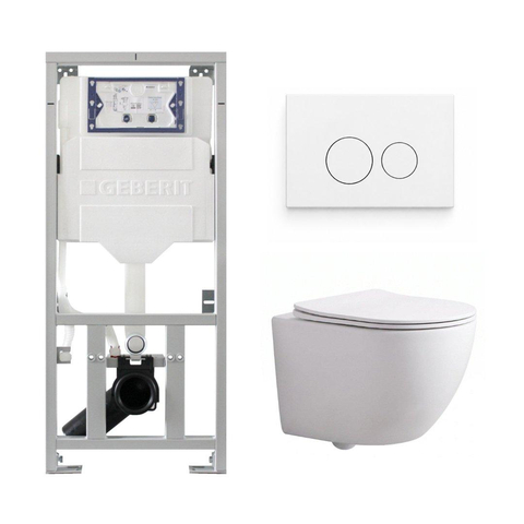 Pack WC QeramiQ Dely Swirl Compact - réservoir encastrable Geberit UP320 - avec bâti-support Burda - abattant slim - plaque de commande en plastique blanc brillant - boutons ronds - blanc mat SW1591101
