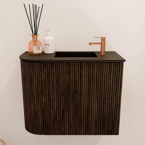 Mondiaz JOYA 51.6cm toiletmeubel - ronding links kleur Walnut - Wastafel FAYE positie Rechts 1 kraangat kleur Urban. SW1421368