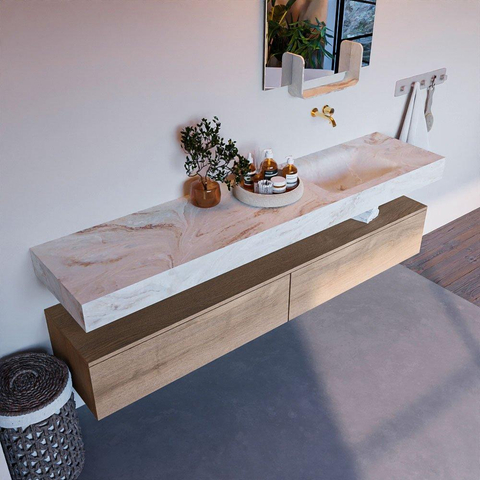 Mondiaz ALAN-DLUX Ensemble de meuble - 200cm - meuble Washed Oak mat - 2 tiroirs - Lavabo Cloud Frappe suspendu - vasque Droite - 0 trous de robinet SW808596