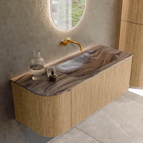 MONDIAZ KURVE-DLUX 115cm badmeubel ronding Links kleur Oak met 1 lade en 1 deur. Wastafel BIG SMALL Rechts zonder kraangat Sombra. SW1433557