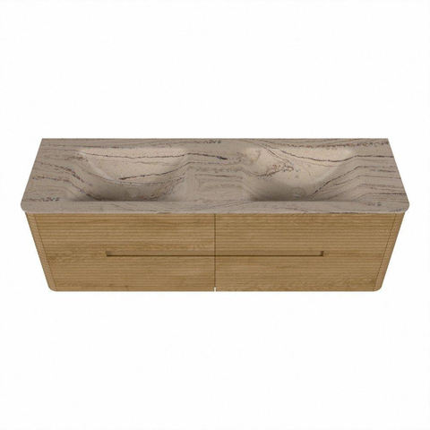 Mondiaz CIRO-DLUX Meuble de salle de bains - 150x45x50cm - Plan vasque solid surface Arena - 2 vasques Double - sans trous de robinetterie - 4 tiroirs - Chêne SW1531382