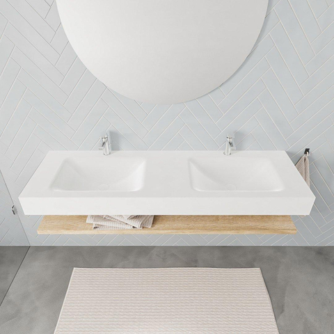 MONDIAZ ALAN 150cm - Ensemble meuble de salle de bains - tablette - chêne blanchi - lavabo suspendu - 2 vasques - 2 trous de robinet - talc SW408808